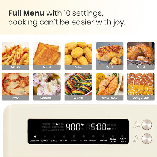 Retro Style Infrared Heating Air Fryer Toaster Oven, Extra Large Countertop Convection Oven 10-In-1 Combo, 6-Slice Toast, Enamel Baking Pan Easy Clean with Recipe Book, Almond Yellow Color