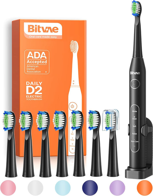 Bitvae Electric Toothbrush with 8 Brush Heads & 5 Modes Smart Timer Black