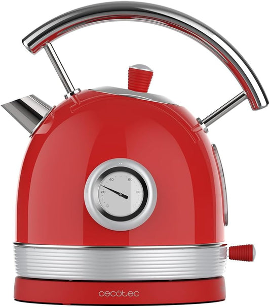 Cecotec Bollitore Elettrico Da 1,8 Litri Thermosense 420 Vintage Light Red. 2200 W, 8 Tazze Da Tè Di Capacità, Misuratore Di Temperatura, Stile Vintage, Base Girevole a 360°, Acciaio Inox Rosso