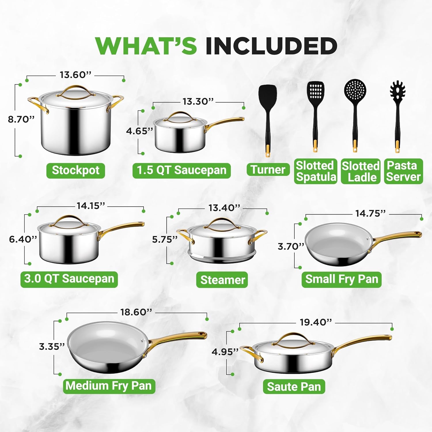 Nutrichef 16-Piece Stainless Steel Kitchenware - Pots & Pans Set Clad Kitchen Cookware with Nylon Utensils, Fry Pan Interior Coated with Prestige Ceramic Non-Stick Coating, Stylish Kitchen Cookware