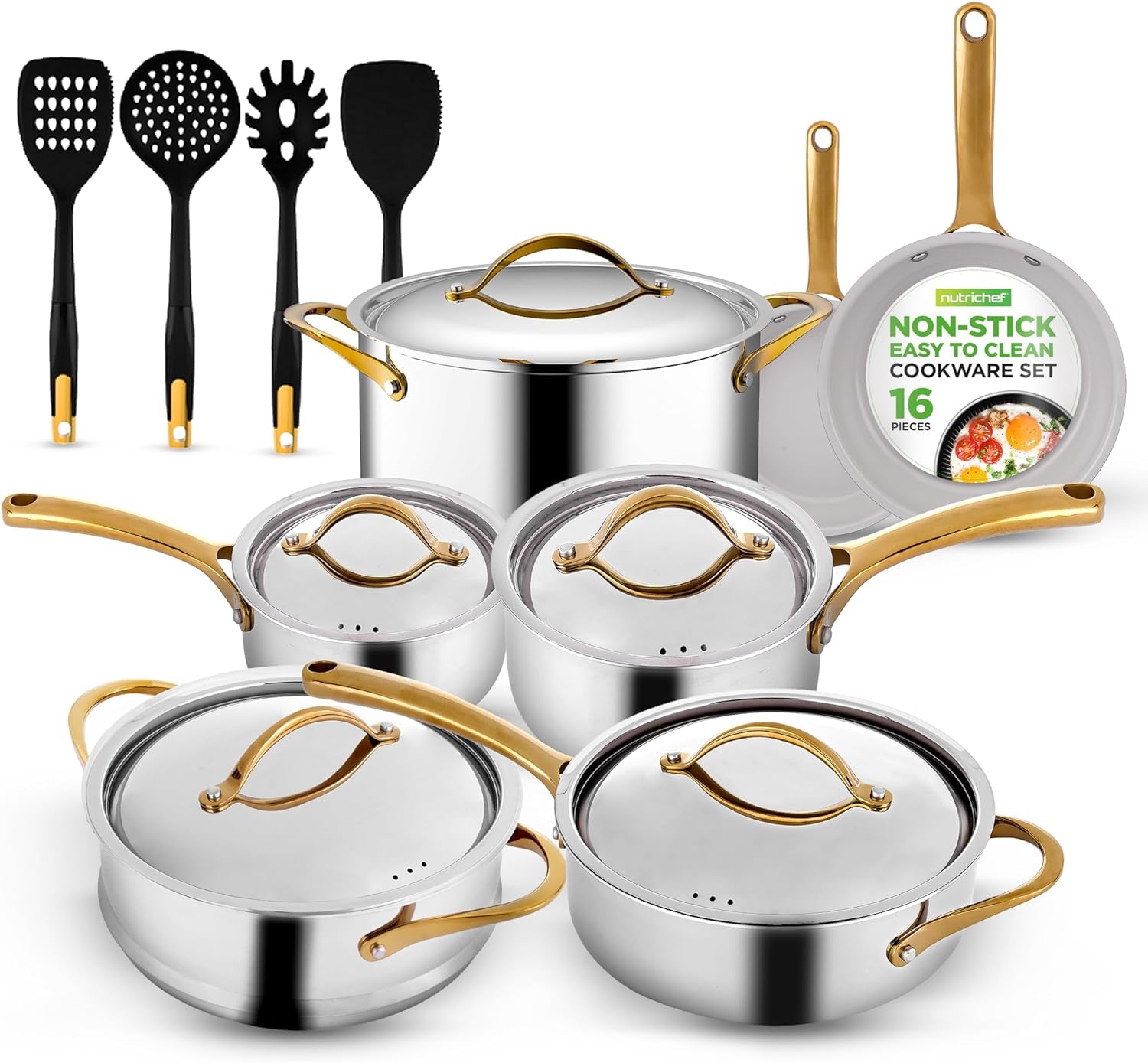 Nutrichef 16-Piece Premium Stainless Steel Cookware Set – Tri-Ply Construction, Induction Compatible, Stylish Design with Golden Handles, Includes Pots, Ceramic Coated Fry Pans, and Utensils