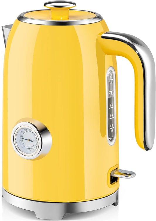 SUSTEAS Electric Kettle - 57Oz Hot Tea Kettle Water Boiler with Thermometer, 1500W Fast Heating Stainless Steel Tea Pot, Cordless with LED Indicator, Auto Shut-Off & Boil Dry Protection, Retro Yellow