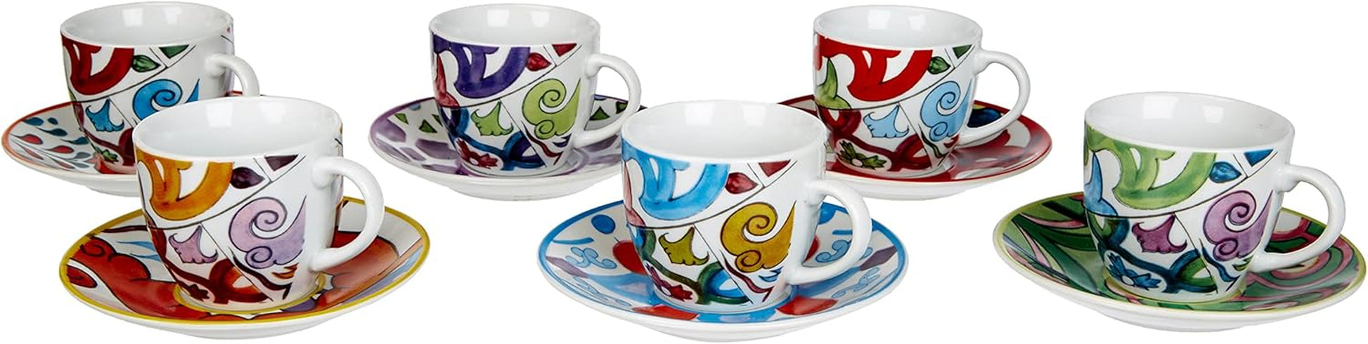 Excelsa Lisbona Set 6 Tazzine Da Caffè Con Piattino, Porcellana, Multicolore