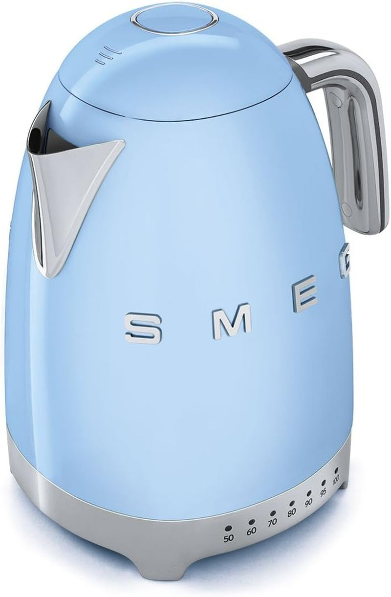 Smeg 50'S Retro 7 Cup Stainless Steel Variable Temperature Electric Kettle with 7 Temperature Settings, Led Display, Swivel Base and Keep Warm Function Pastel Blue KLF04BLUS