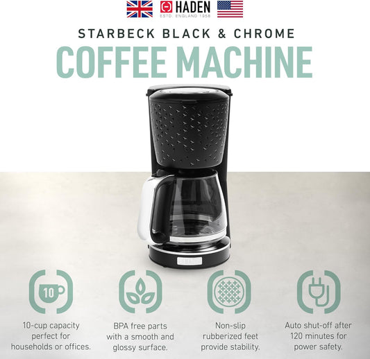 HADEN Starbeck Coffee Machine, 10 Cup Automatic Drip Coffee Maker with Anti-Drip Function and Reusable Washable Water Filter, Black & Chrome