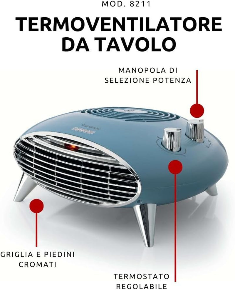 Ariete 8211 Termoventilatore Da Tavolo, Stufetta Elettrica, 2000W, Termostato, Silenzioso, Griglia E Piedi Cromati, Celeste