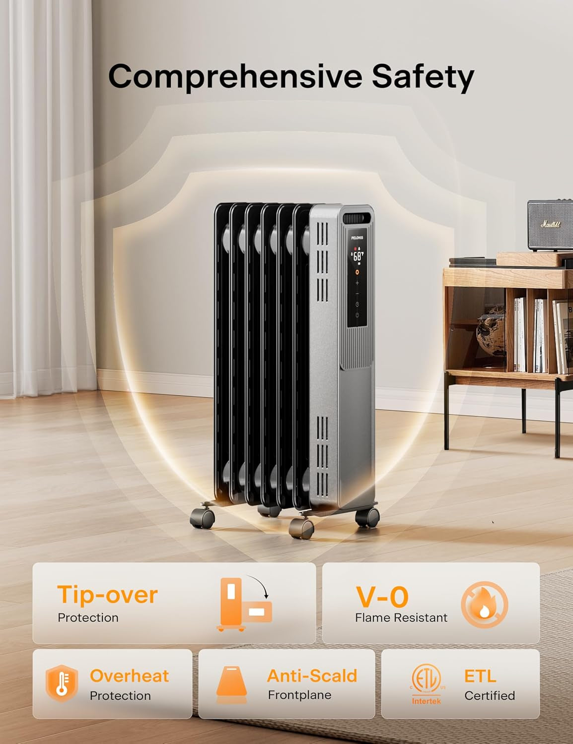 PELONIS Oil Filled Radiator, Electric Space Heater for Indoor Use Large Room with Thermostat & Remote, 3 Modes & 3 Heat Settings, ECO Mode, 24H Timer, Quiet, Overheat & Tip-Over Protection, 1500W