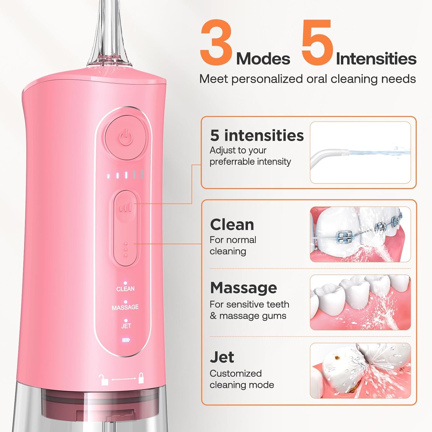 Bitvae Water Dental Flosser for Teeth 3 Modes 5 Intensities Rechargeable Quartz Pink