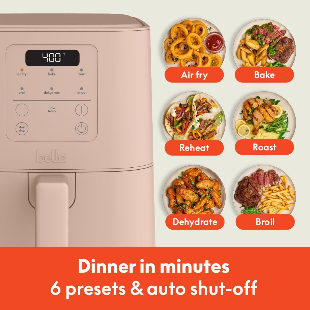 Bella 4Qt Slim Air Fryer, Fits-Anywhere™ Kitchenware, Evergood™ Ceramic Nonstick Coating, Adjustable Temperature, 6 Preset Cooking Options, 60 Min Auto Shutoff W Audible Tone, 3.3Lb Capacity, Blossom