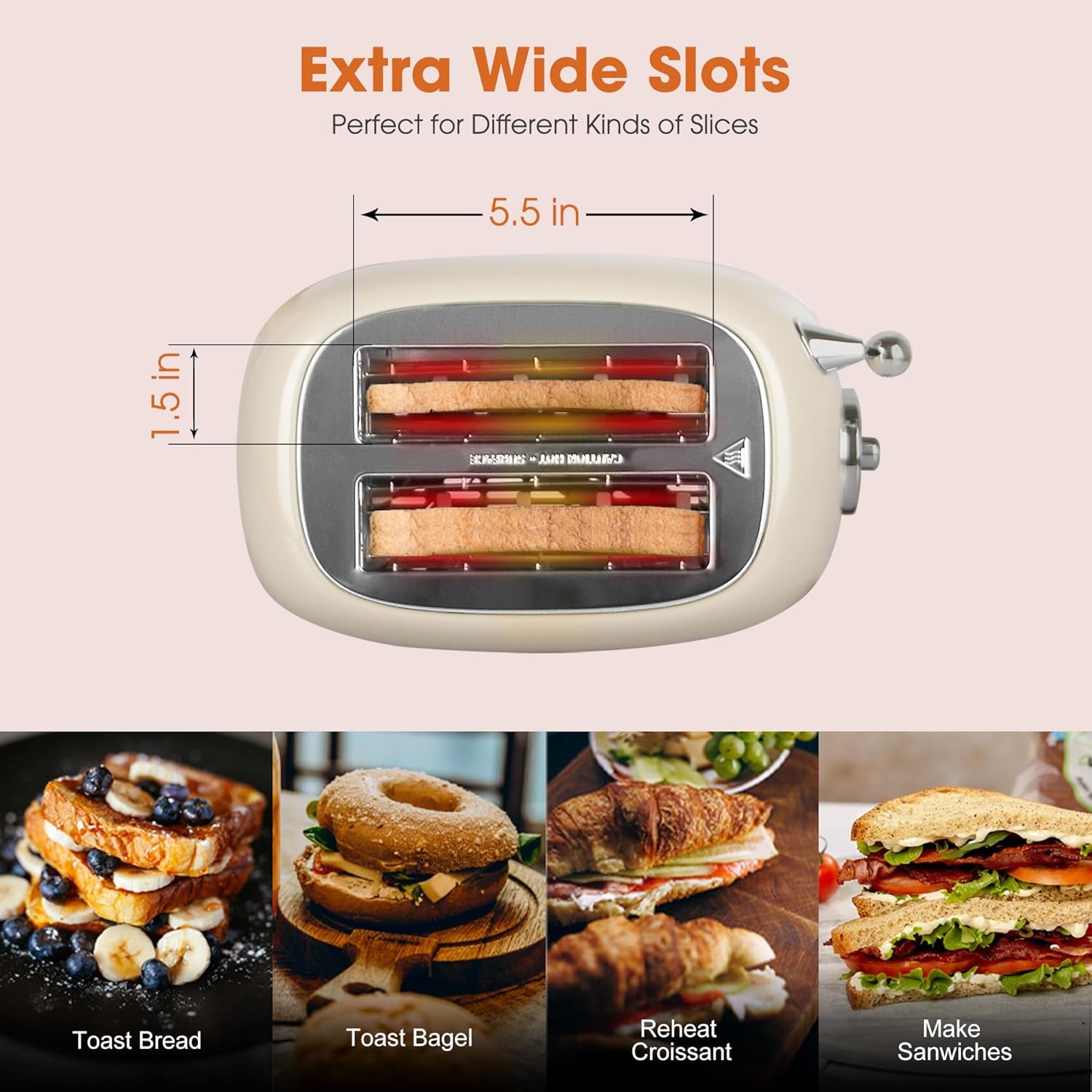 CROWNFUL 2-Slice Toaster, Extra Wide Slots Toaster, Retro Stainless Steel with Bagel, Cancel, Defrost, Reheat Function and 6-Shade Settings, Removal Crumb Tray, Cream