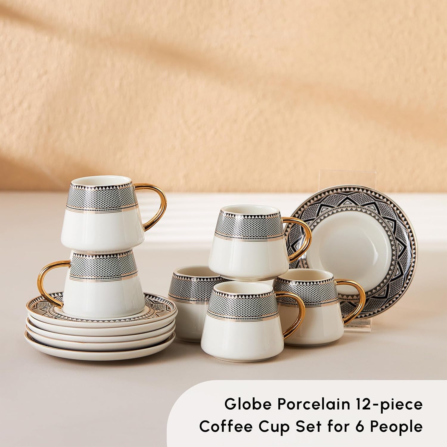 KARACA Globe Turkish Coffee Cup Set of 6, 80Ml, 2.7 Oz, Small Espresso Cups with Saucers, Porcelain, Black Patterns and Gold Handles, Ideal for Serving Coffee, Espresso, and Cappuccino