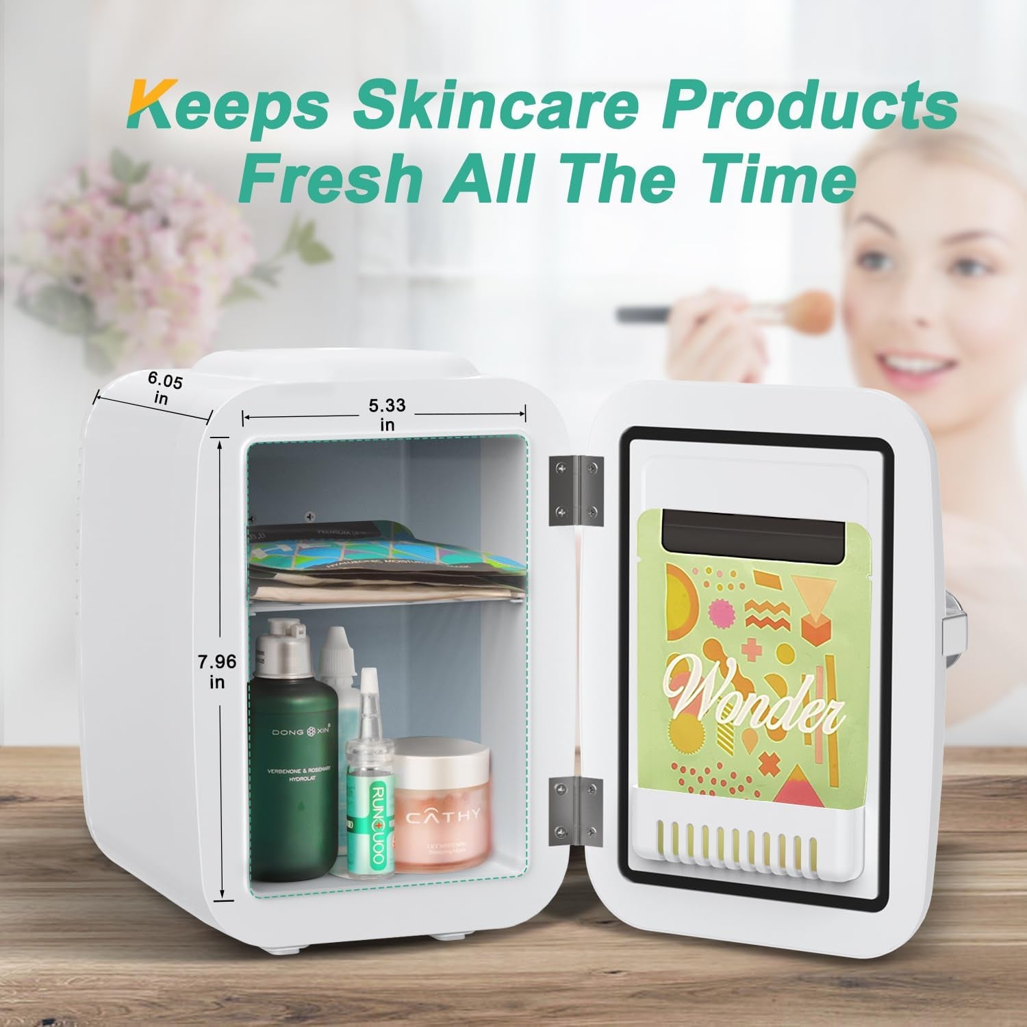 CROWNFUL Mini Fridge 4 Liter 6 Can Portable Cooler and Warmer Fridge for Skin Care & Cosmetics (White)