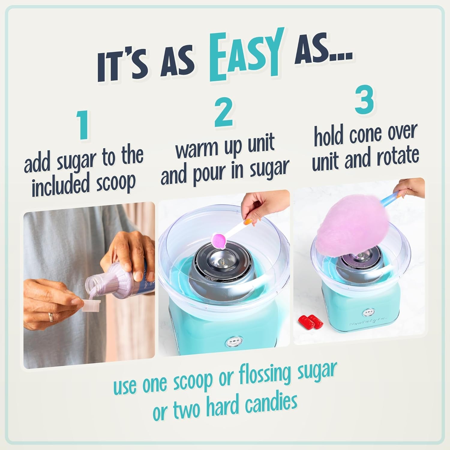 Nostalgia Classic Countertop Cotton Candy Machine, Manual, Retro Vintage Candy Maker Includes 2 Reusable Cones & Scoop, Aqua