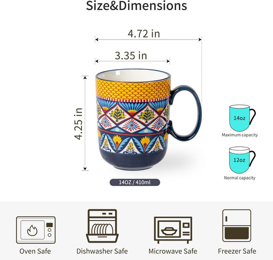 HENXFEN LEAD Bohemian Style Porcelain Coffee Mugs Colourful 6 Pack 410ml