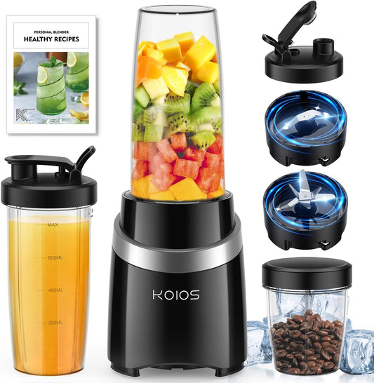 KOIOS Blender for Smoothies, 1000W Personal Blender and Grinder Combo for Kitchen with 2X27Oz Portable Smoothie Cups with To-Go Lids 12Oz Coffee Cup with Seal Cover Non-Bpa for Baby Food, Ice Drinks