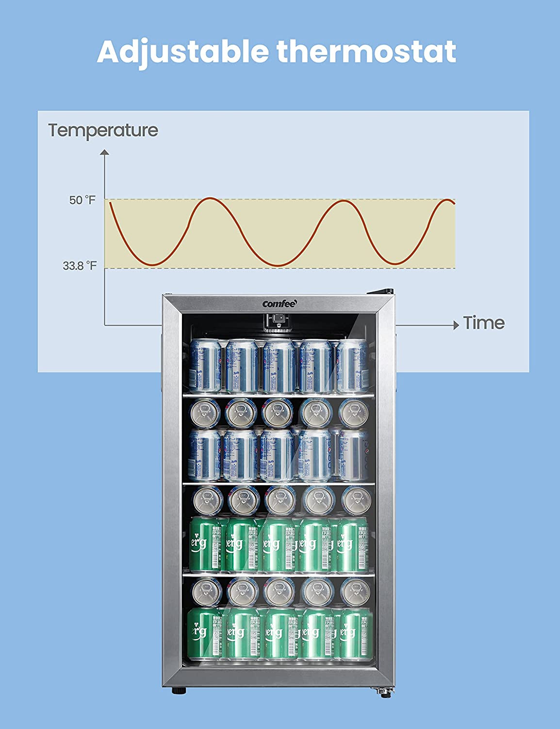 COMFEE' CRV115TAST Cooler, 115 Cans Beverage Refrigerator, Adjustable Thermostat, Glass Door with Stainless Steel Frame, Reversible Hinge Door and Legs for Home, Apartment