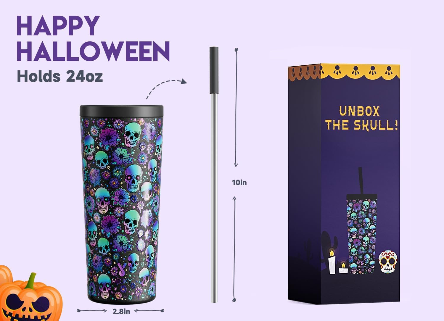 Meoky 24 Oz Halloween Tumbler with Lid and Straw, Stainless Steel Vacuum Insulated Tumbler, Keeps Cold for 24 Hours, 100% Leak Proof, Fits in Car Cup Holder (Black Skull)