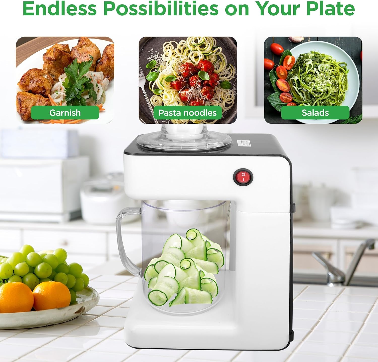 Nutrichef Electric Food Chopper | Zoodle Maker | 3-In-1 Vegetable Processor, Fruit Cutter, Spiral Shredder Machine, Veggie Spaghetti & Noodle Maker | Includes Food Plunger & 1.2L Bowl