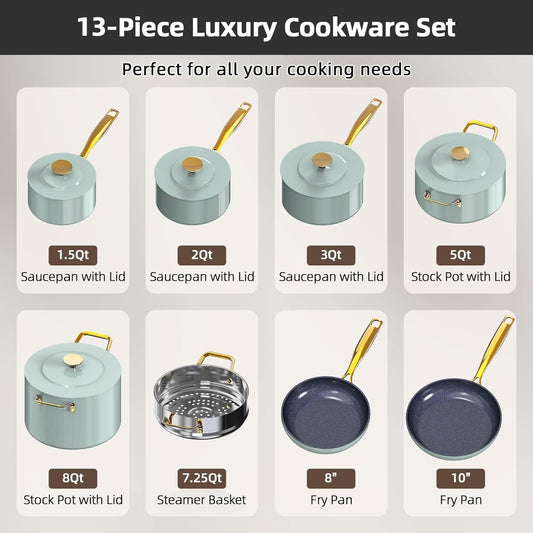 Nuwave Lux LE 13-Pc Cookware Set with Elegant Gold Handle, Diamond Infused Ceramic Non-Stick, PFAS Free, Premium Metal Lids, Ergonomic Stay-Cool Handles, Induction Ready & Compatible W/All Cooktops