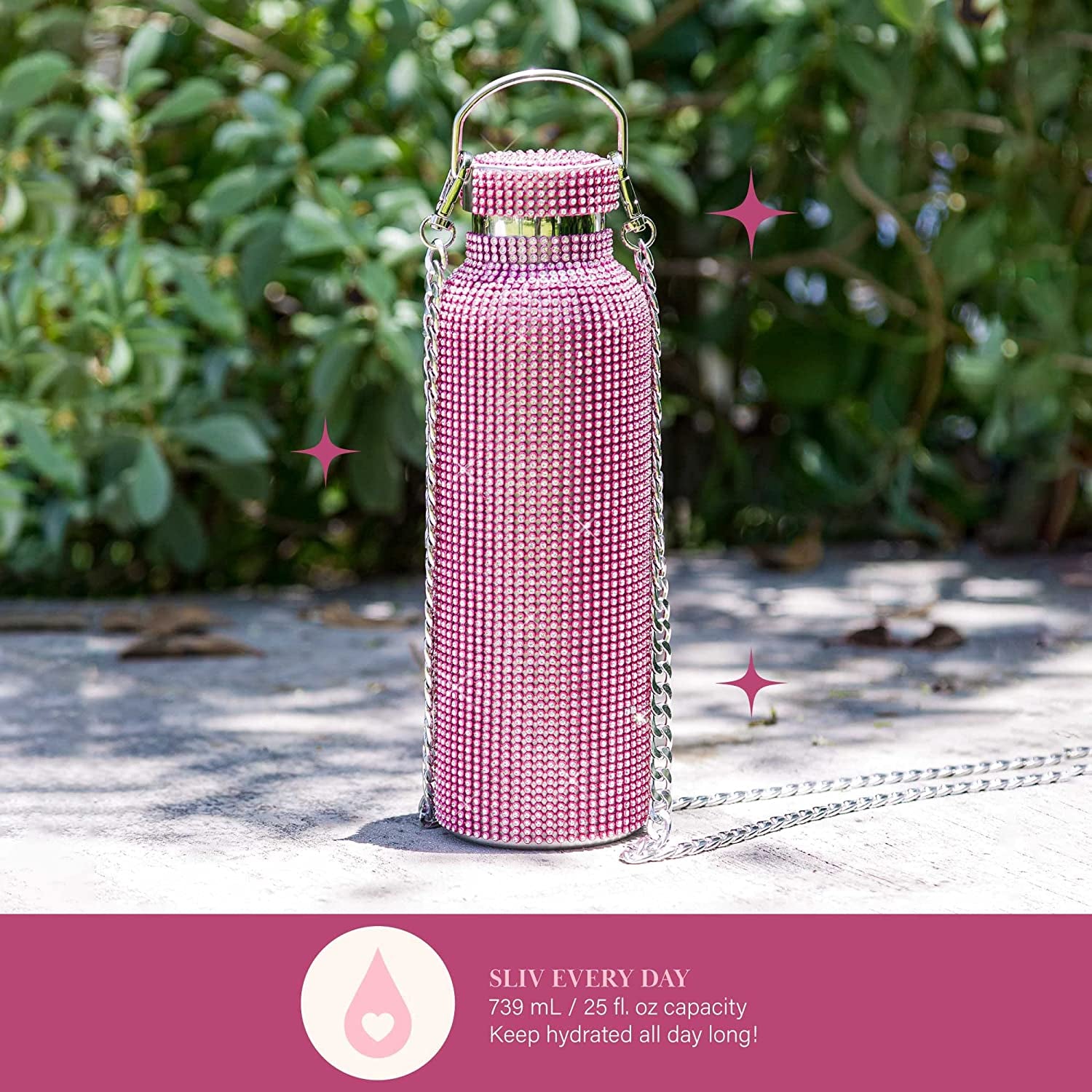 Paris Hilton Diamond Bling Water Bottle with Lid and Removable Carrying Strap, Stainless Steel Vacuum Insulated, Bedazzled with over 5000 Rhinestones, 25-Ounce, Ombre Pink to Silver