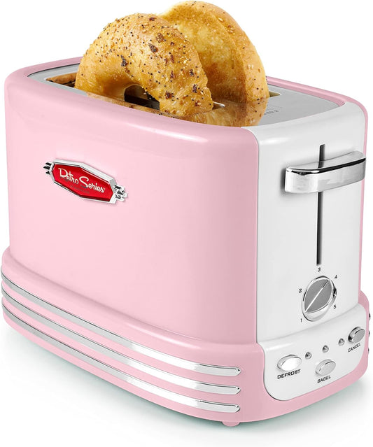 Nostalgia Retro Wide 2-Slice Toaster, Vintage Design with Crumb Tray, Cord Storage & 5 Toasting Levels, Pink