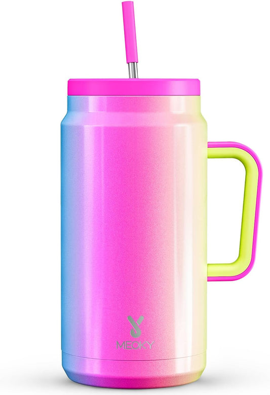 Meoky 50 Oz Tumbler with Handle and Straw, Stainless Steel Vacuum Insulated Tumbler with Lid and Straw, Keeps Cold for 36 Hours, 100% Leak-Proof, Bpa-Free, Non-Slip Base (Rainbow)