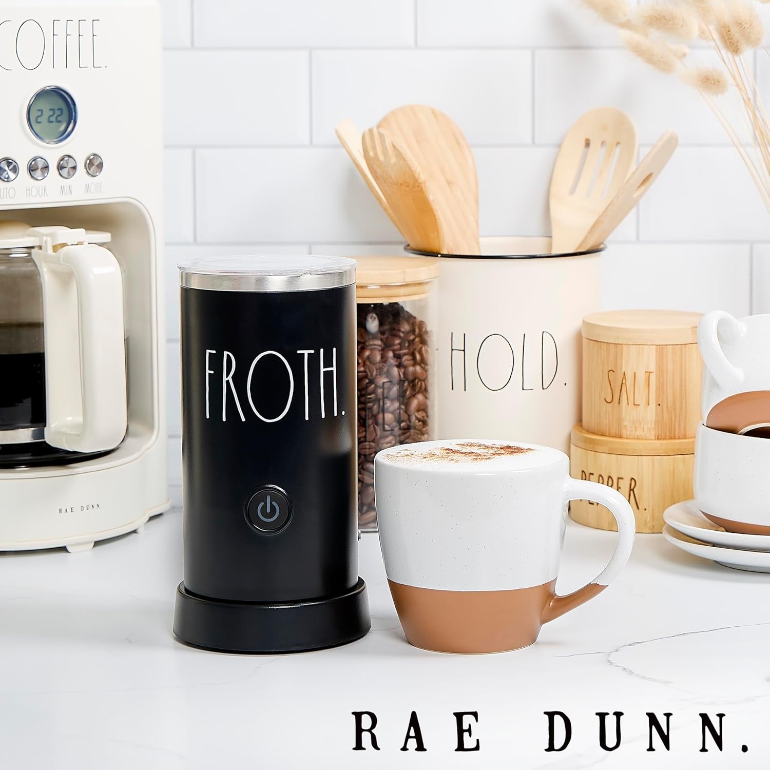 Rae Dunn Electric Milk Frother Steamer and Frother Maker for Coffee, Latte, Cappuccino, Macchiato (Black)