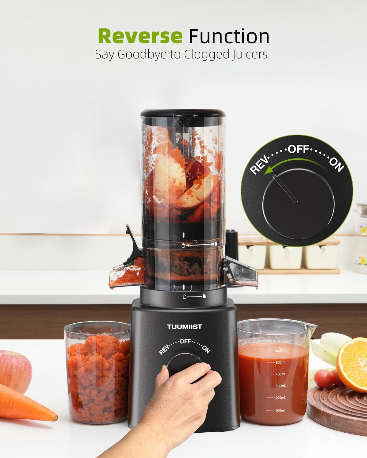 Juicer Machines, TUUMIIST Cold Press Juicer with 4.25'' Large Feed Chute Fit Whole Vegetable and Fruit, Masticating Juicer Easy to Clean, BPA Free (Black)