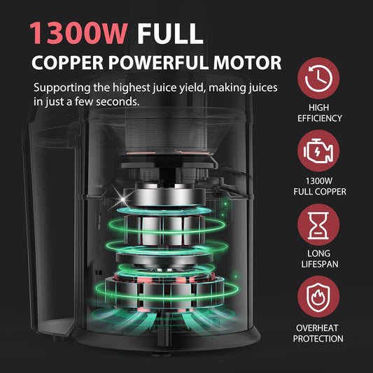 1300W KOIOS Centrifugal Juicer Machines, Juice Extractor with Extra Large 3Inch Feed Chute, Full Copper Motor, Titanium-Plated Filter, High Juice Yield, 3 Speeds Mode, Brush Included, Non-Bpa, Red