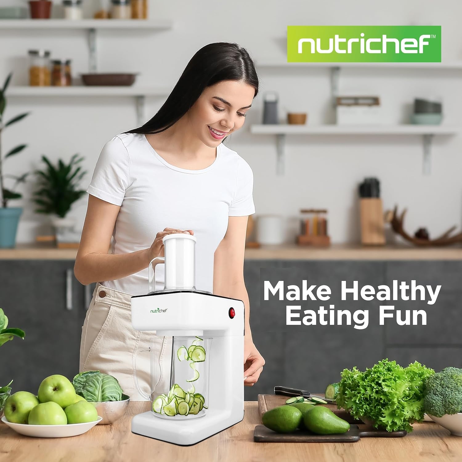 Nutrichef Electric Food Chopper | Zoodle Maker | 3-In-1 Vegetable Processor, Fruit Cutter, Spiral Shredder Machine, Veggie Spaghetti & Noodle Maker | Includes Food Plunger & 1.2L Bowl