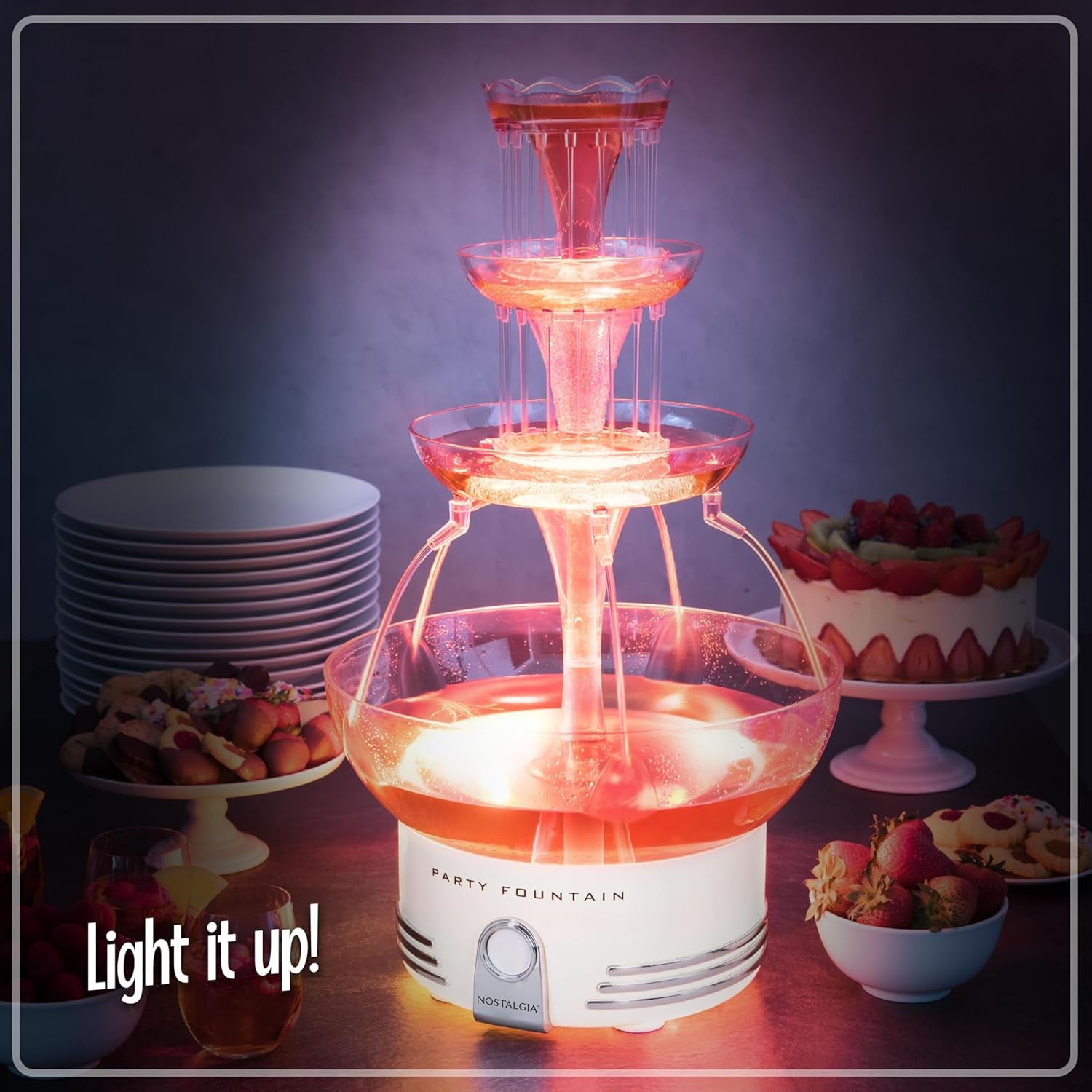 Nostalgia Countertop Retro Lighted Party Beverage Fountain – 1.5 Gallon Capacity, 3-Tiered Cascading Tower with LED Base - Perfect for Punch, Juice, Wine, Champagne & More