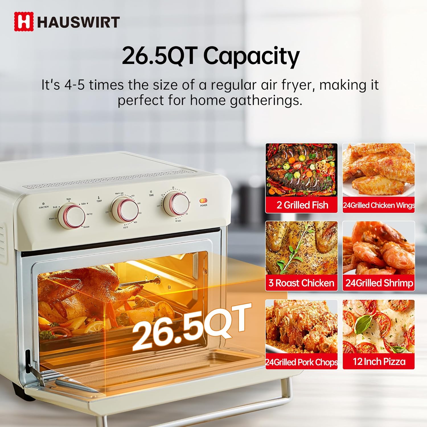 Hauswirt Retro Electric Oven & Air Fryer Combo 26.5Litter 190°F-450°F 1600W Cream White