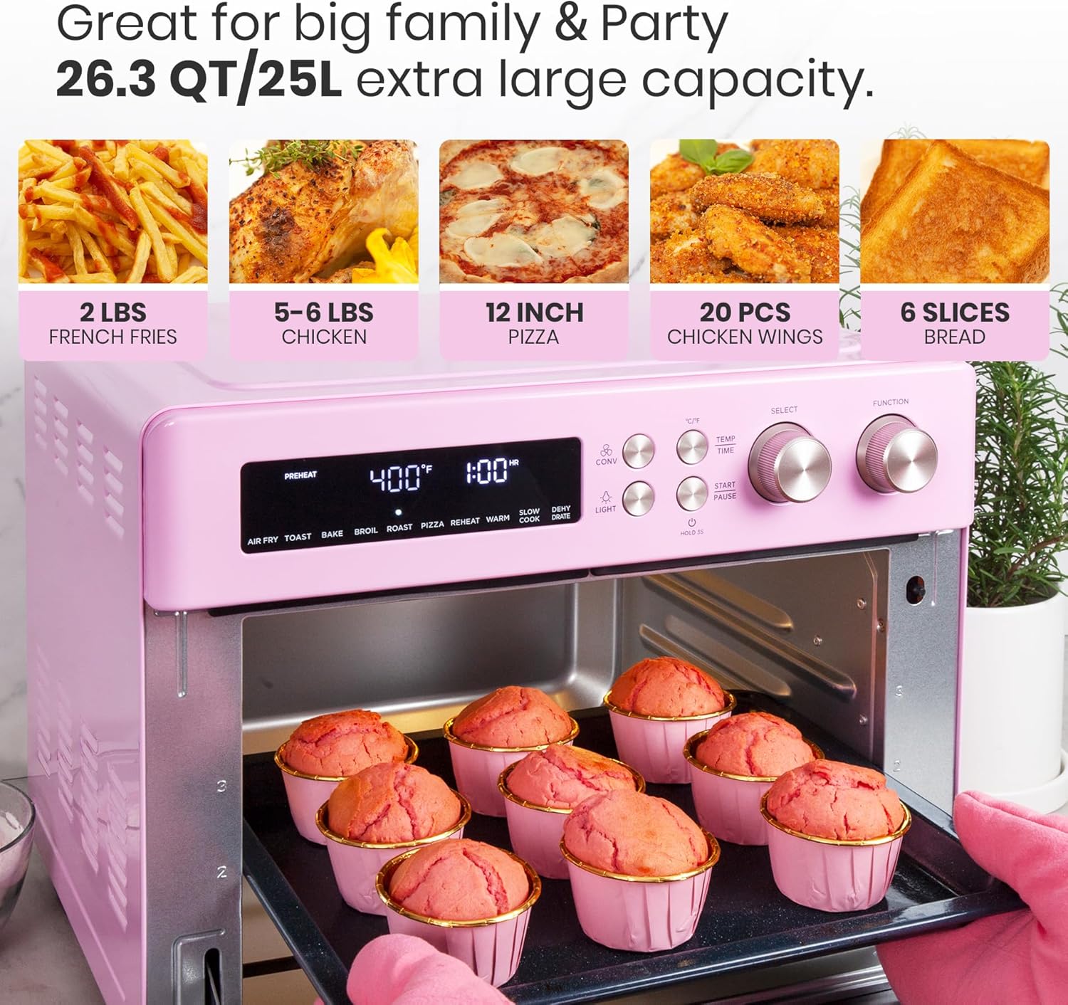 Retro Style Infrared Heating Air Fryer Toaster Oven, Extra Large Countertop Convection Oven 10-In-1 Combo, 6-Slice Toast, Enamel Baking Pan Easy Clean with Recipe Book, Classic Pink Color