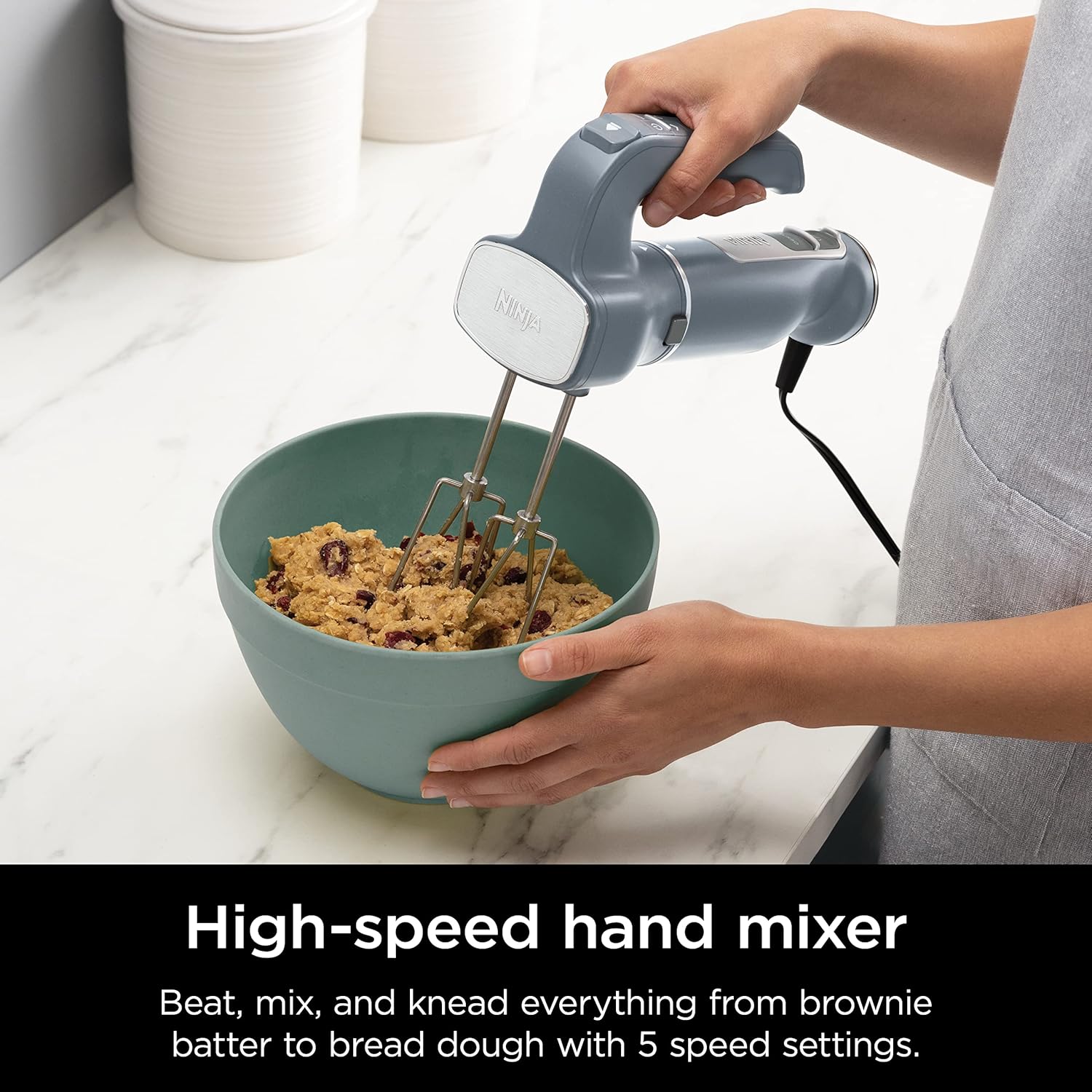 Ninja CI105BRN Foodi Power Mixer System, 750-Peak-Watt Immersion Blender and Hand Mixer, Easyglide Beaters, Dough Hooks, 3-Cup Blending Vessel, Sea Salt Gray