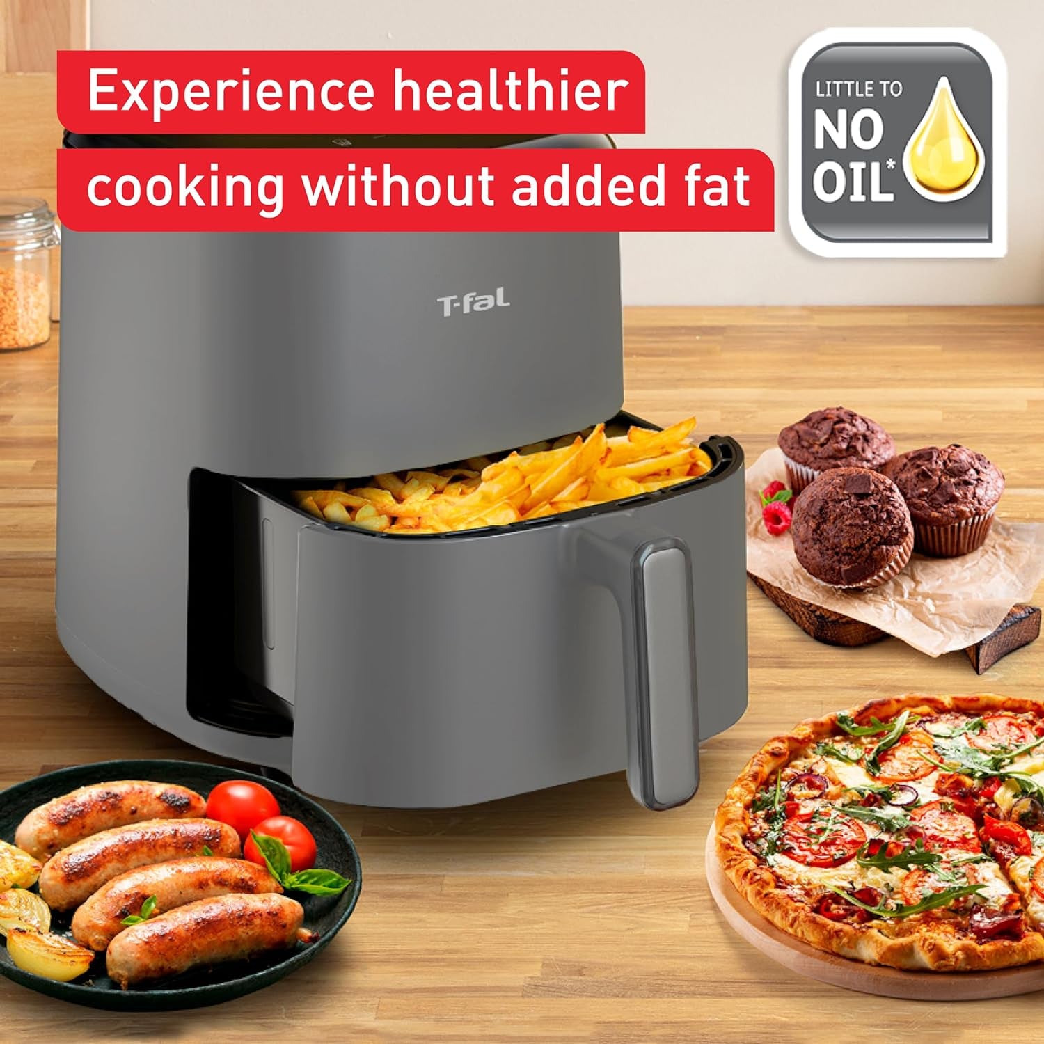 T-Fal, Air Fryer, Easy Fry 5L Capacity Air Fryer with Basket, 10 Auto Cooking Programs 5.3 Quarts, Digital Touchscreen, Dishwahser Safe Basket, Healthy and Crispy Results, Toast, Bake, Grey, EY245B50