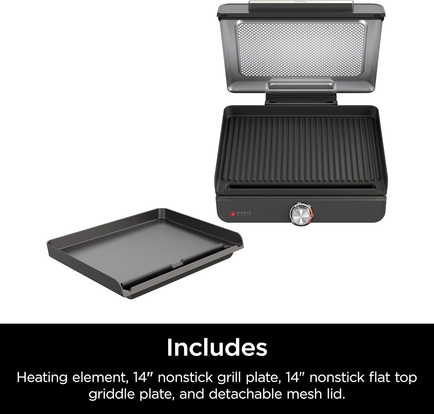 Ninja GR101 Sizzle Smokeless Indoor Grill & Griddle, 14'' Interchangeable Nonstick Plates, Dishwasher-Safe Removable Mesh Lid, 500F Max Heat, Even Edge-To-Edge Cooking, Grey/Silver