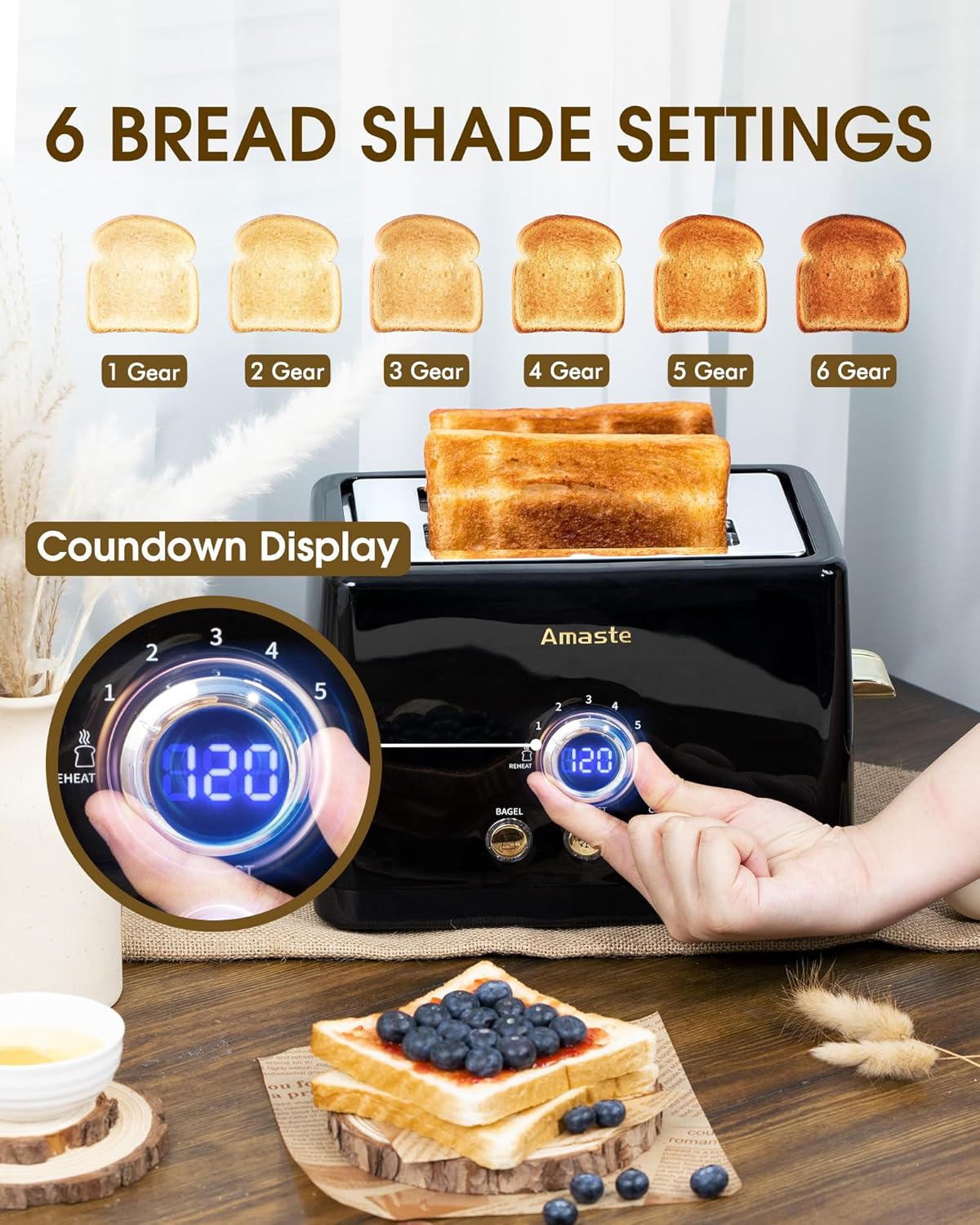 2 Slice Toaster, Retro Bread Toaster with LED Digital Countdown Timer, Extra Wide Slots Toasters with 6 Shade Settings, Bagel, Cancel, Defrost Function, High Lift Lever, Removal Crumb Tray, Black