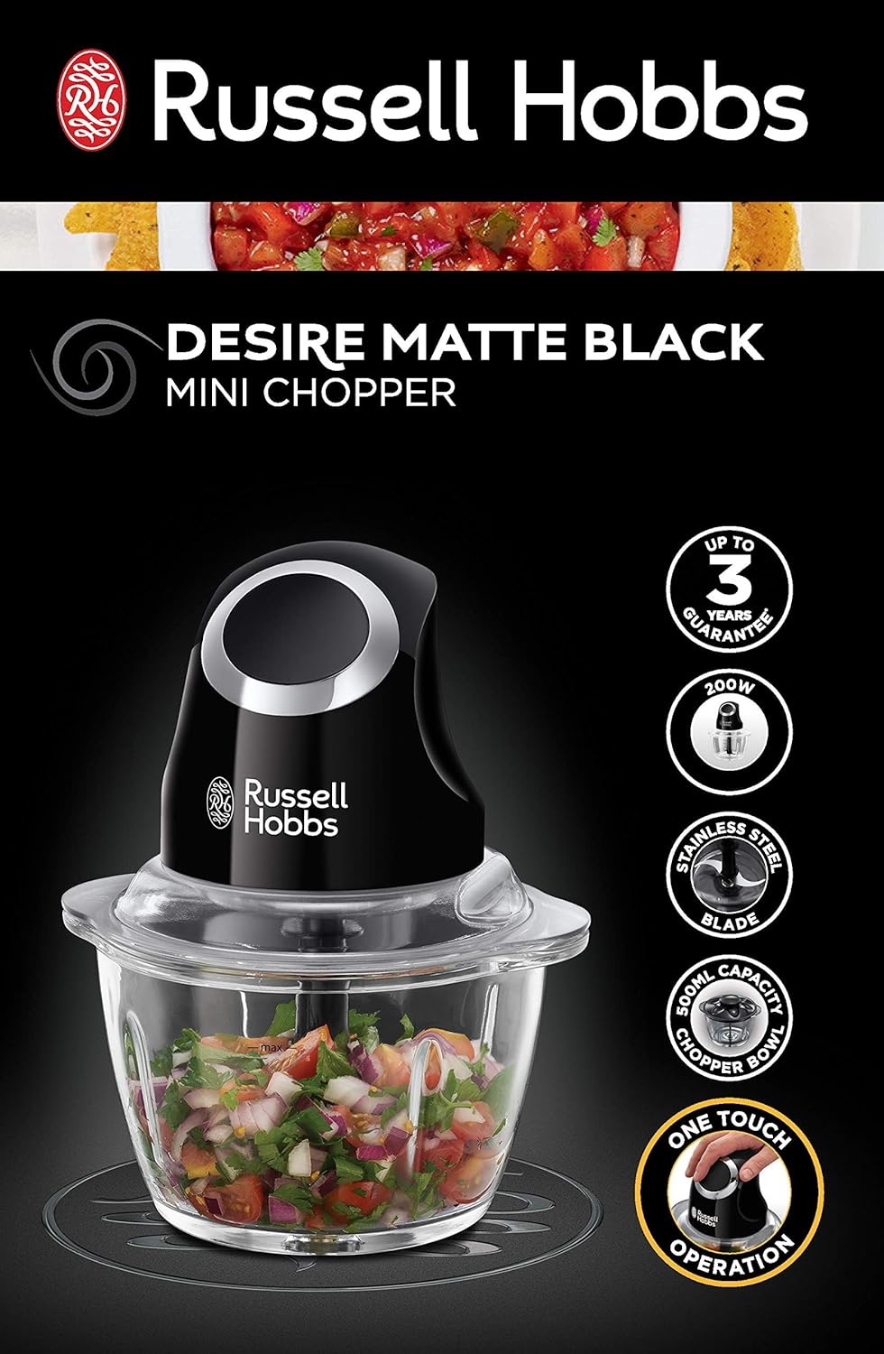 Russell Hobbs Electric Chopper 1L Glass Bowl with 500Ml Food Capacity One Touch Operation 200W