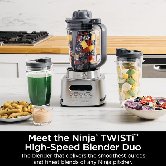 Ninja SS151 Twisti Blender DUO, High-Speed 1600 WP Smoothie Maker & Nutrient Extractor* 5 Functions Smoothie, Spreads & More, Smarttorque, 34-Oz. Pitcher & (2) To-Go Cups, Gray