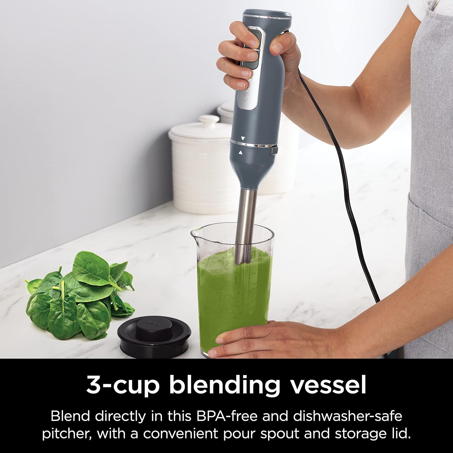 Ninja CI105BRN Foodi Power Mixer System, 750-Peak-Watt Immersion Blender and Hand Mixer, Easyglide Beaters, Dough Hooks, 3-Cup Blending Vessel, Sea Salt Gray