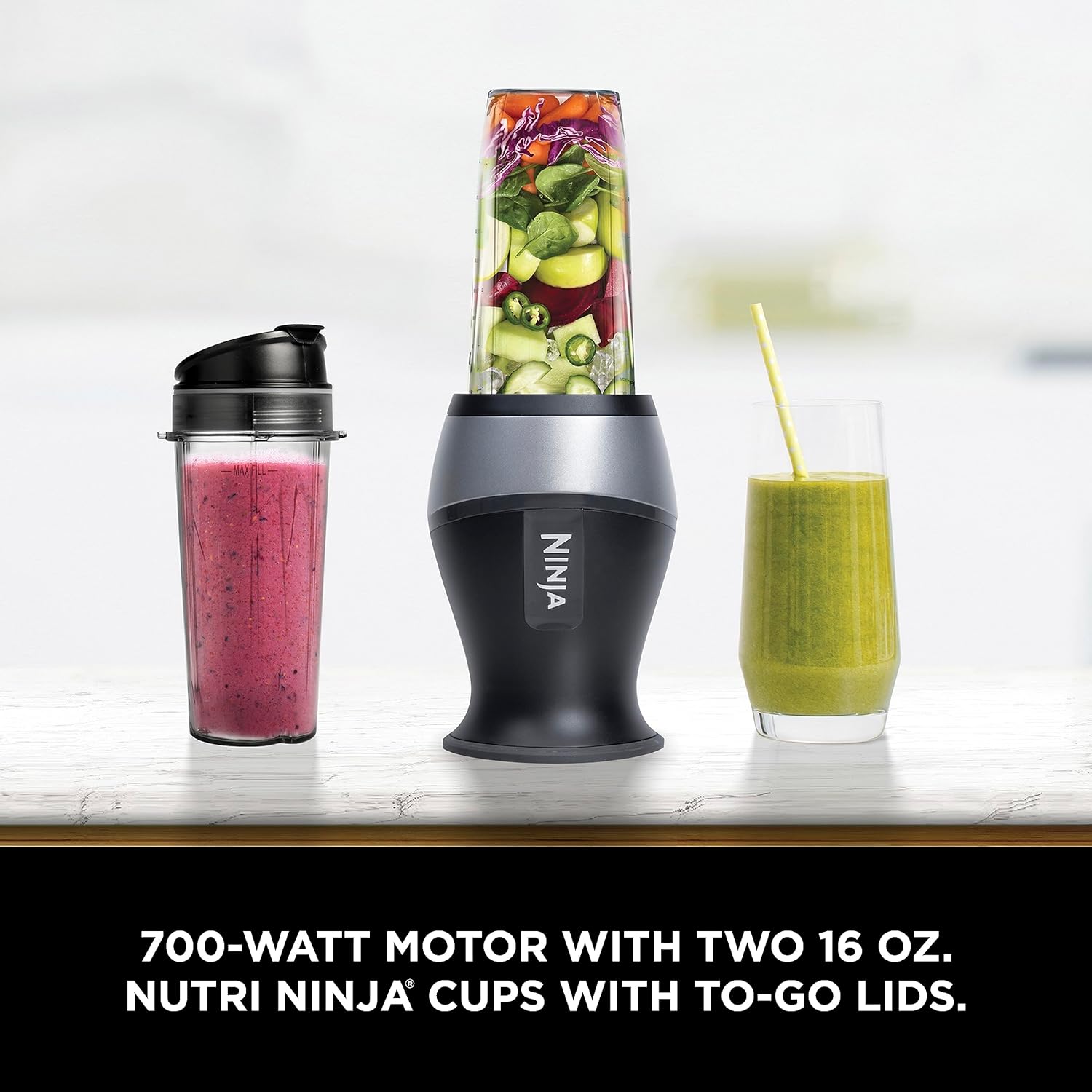 Ninja Fit Compact Personal Blender, Portable Blender for Smoothies, Shakes, Food Prep, and Frozen Blending, 700-Watt Base and (2) 16-Oz. Cups & Spout Lids, Black QB3001SS