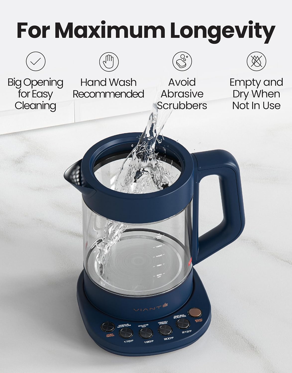 Vianté Electric Kettle with Tea Infuser for Loose Leaf Tea. Hot Tea Maker with Temperature Control and Automatic Shut Off. Tea Kettle with Brewing Programs. 1.5 Liters Capacity | Midnight Blue Color