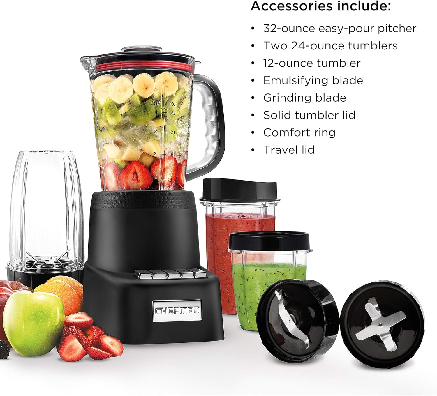 Chefman Countertop + Travel Dynamic Blending System, 12-Piece Set, 3 Programmed Speeds & Pulse, Easy Ice Crushing for Shakes & Smoothies, Dishwasher-Safe 32-Oz Pitcher, 12Oz & 2 24Oz Tumblers, Black