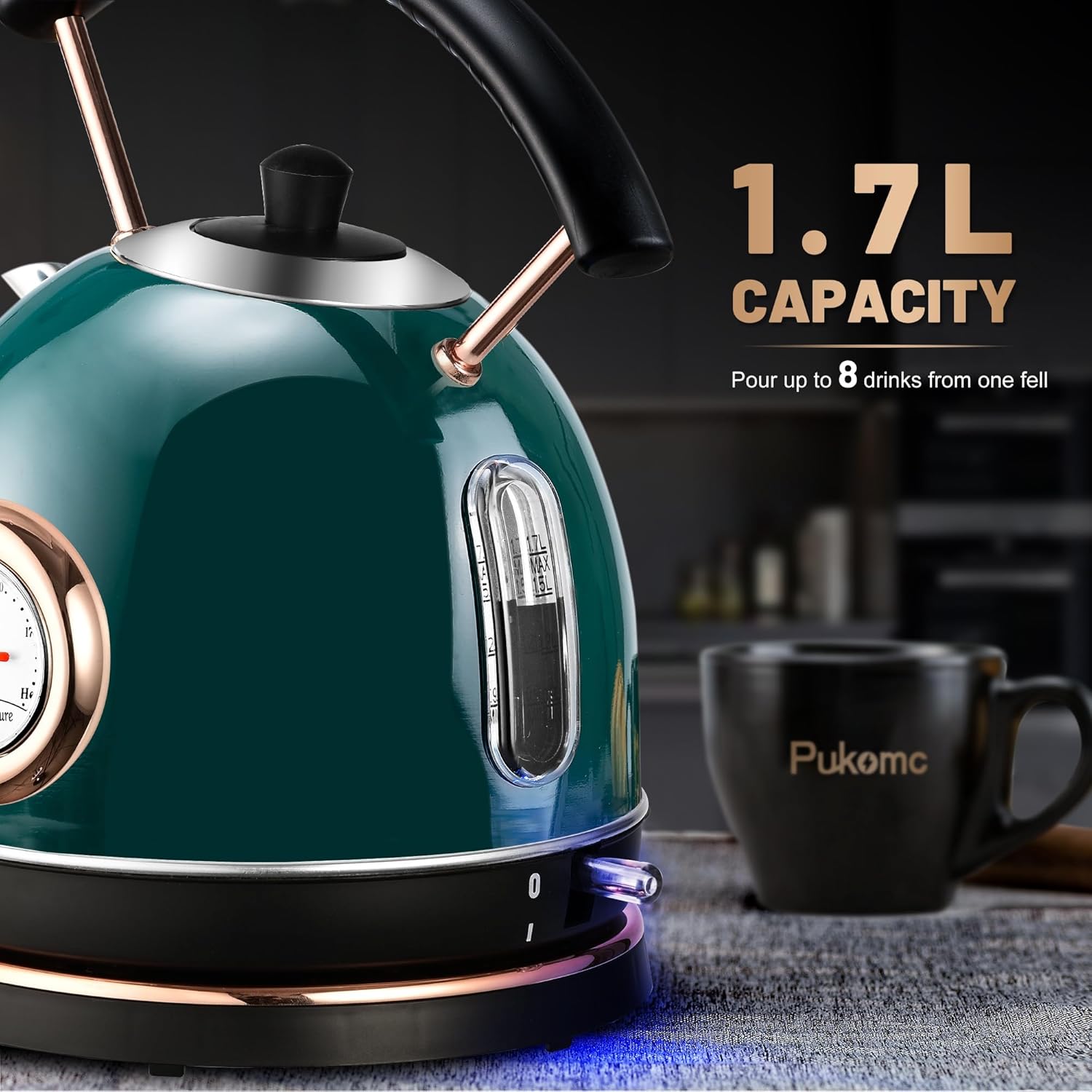 1.7L Electric Water Kettle with Temperature Gauge, Hot Water Boiler & Tea Heater with Curved Handle, Visible Water Level Line, Led Light, Auto Shut-Off&Boil-Dry Protection,Green