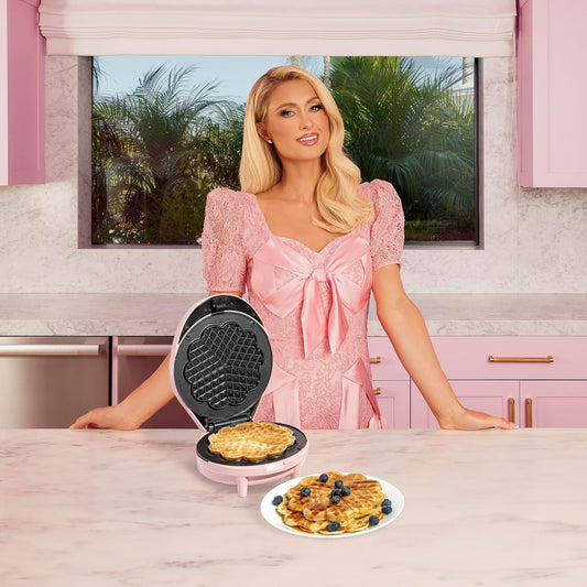 Paris Hilton Heart Waffle Maker, Makes 5 Mini Heart Shaped Waffles or 1 Individual Waffle, Easy to Clean 6" Nonstick Plates, Made without PFAS or PFOA, Electric Waffle Iron, Pink