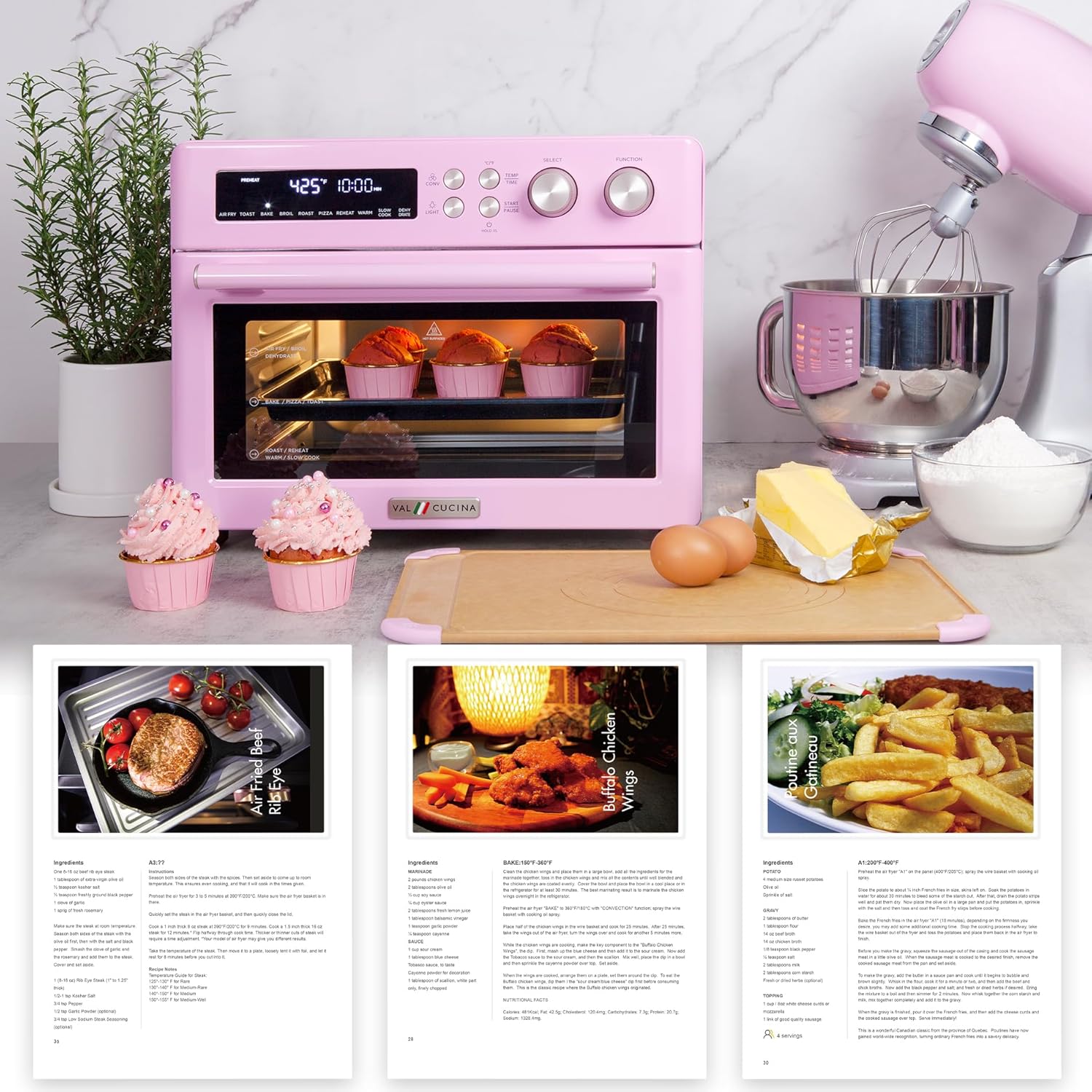 Retro Style Infrared Heating Air Fryer Toaster Oven, Extra Large Countertop Convection Oven 10-In-1 Combo, 6-Slice Toast, Enamel Baking Pan Easy Clean with Recipe Book, Classic Pink Color