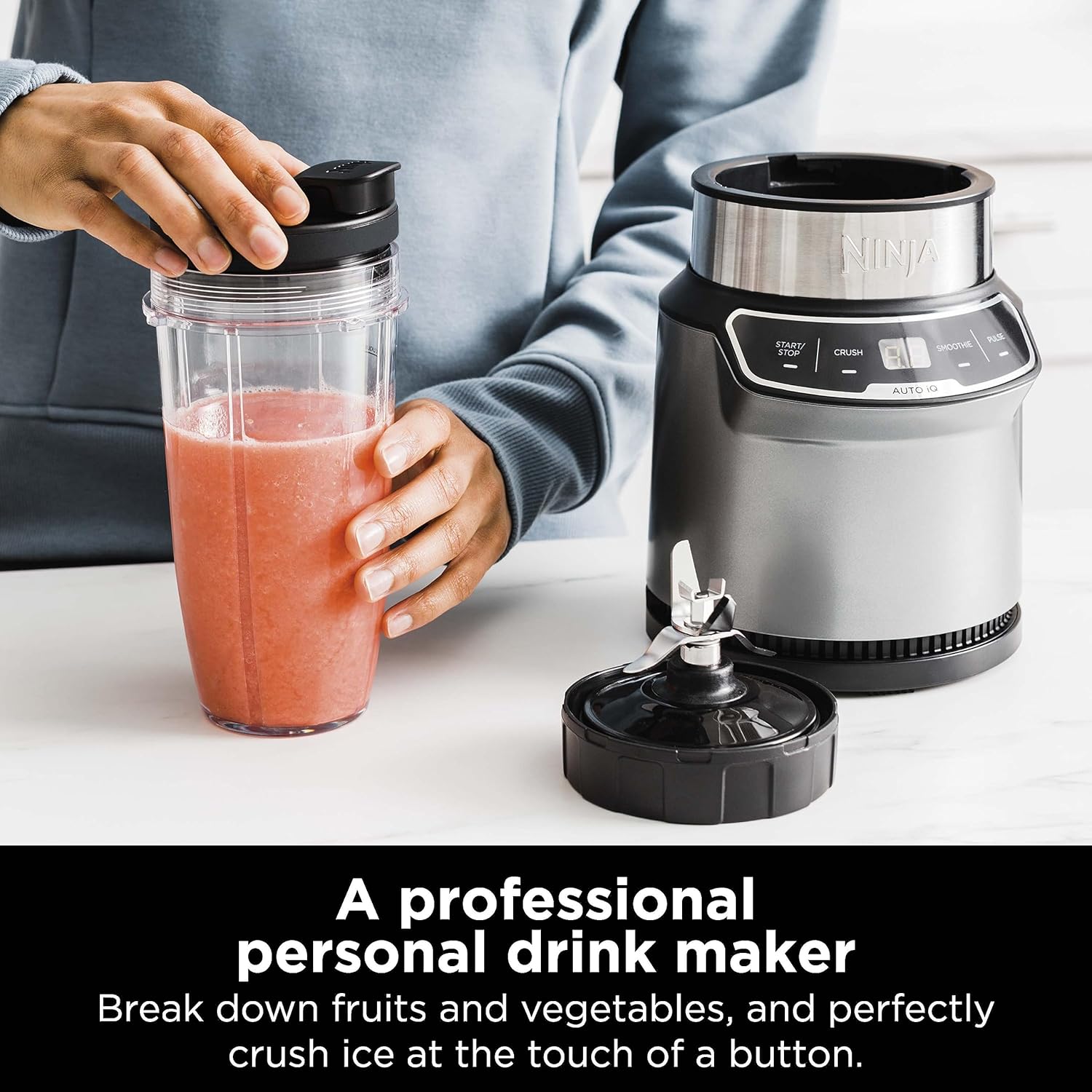 Ninja BN401 Nutri Pro Compact Personal Blender, Auto-Iq Technology, 1000-Peak-Watts, for Frozen Drinks, Smoothies, Sauces & More, with (2) 24-Oz. To-Go Cups & Spout Lids, Cloud Silver