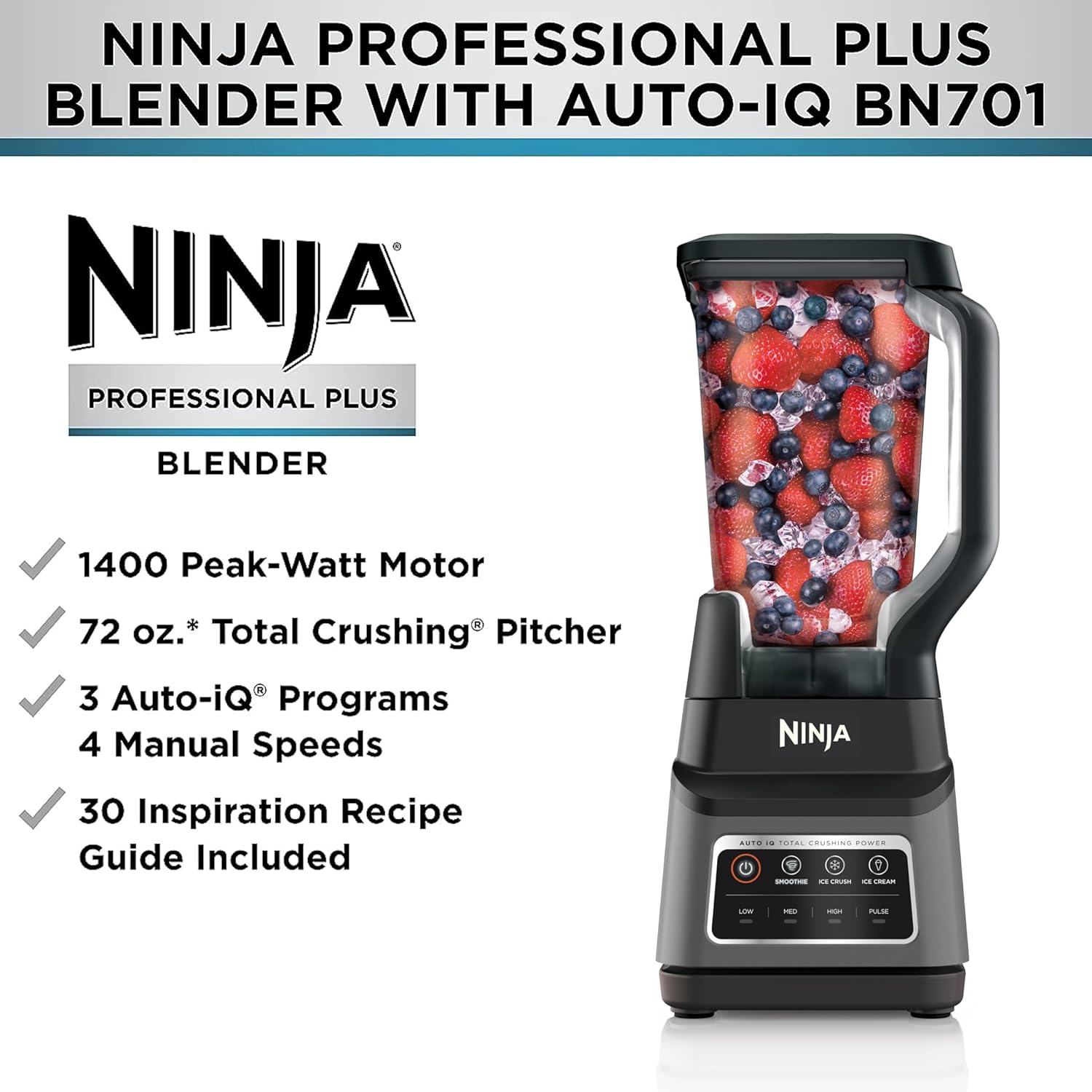 Ninja BN701 Professional plus Blender, 1400 Peak Watts, 3 Functions for Smoothies, Frozen Drinks & Ice Cream with Auto IQ, 72-Oz.* Total Crushing Pitcher & Lid, Dark Grey