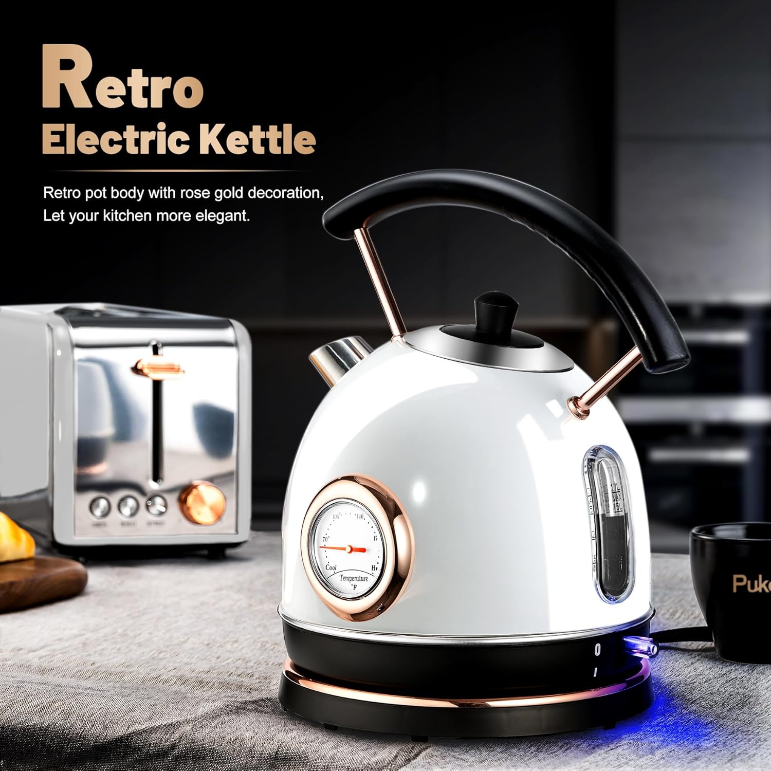 Retro Electric Kettle Stainless Steel 1.7L Tea Kettle, Hot Water Boiler with Temperature Gauge, Led Light, Fast Boiling, Auto Shut-Off&Boil-Dry Protection (White)