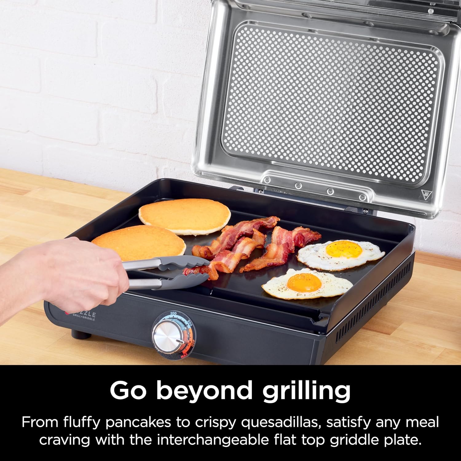 Ninja GR101 Sizzle Smokeless Indoor Grill & Griddle, 14'' Interchangeable Nonstick Plates, Dishwasher-Safe Removable Mesh Lid, 500F Max Heat, Even Edge-To-Edge Cooking, Grey/Silver